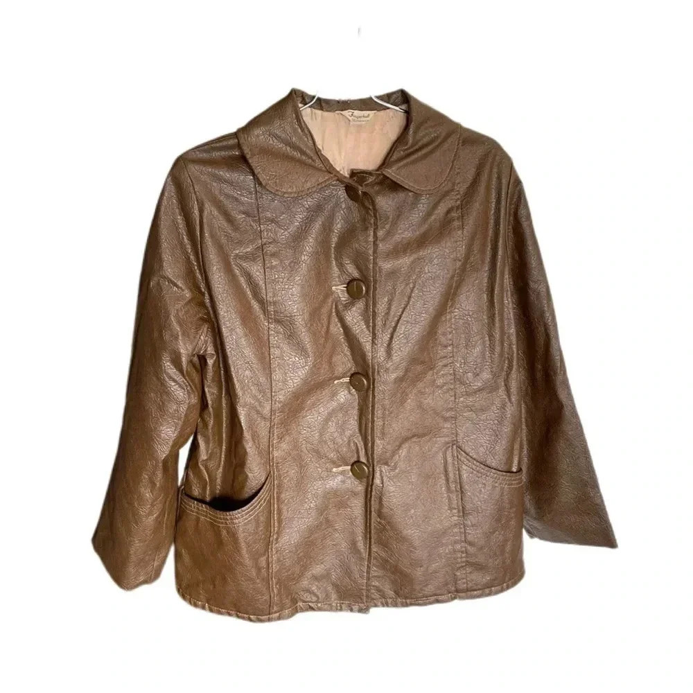 Vintage Fingerhut Faux Brown Button Up Leather Jacket Women’s 12